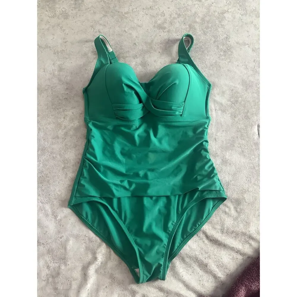 Women's Kona Sol Textured Square Neck High Coverage One Piece Green Swimsuit~